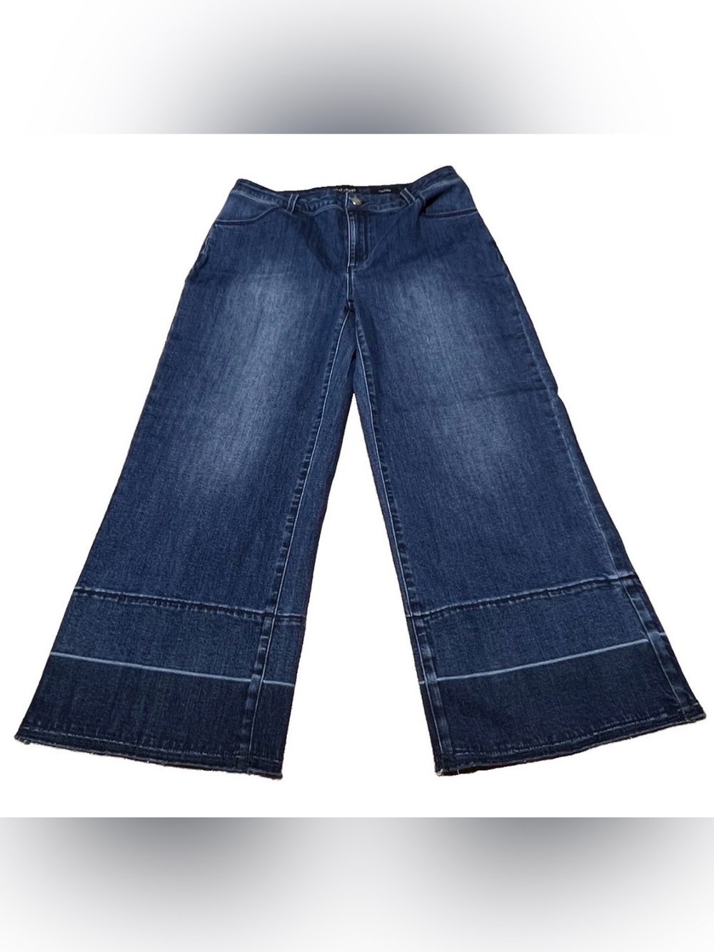 Susan Graver Wide Leg Flare Crop Mid To High Rise Blue Jeans Released Hem Sz 12